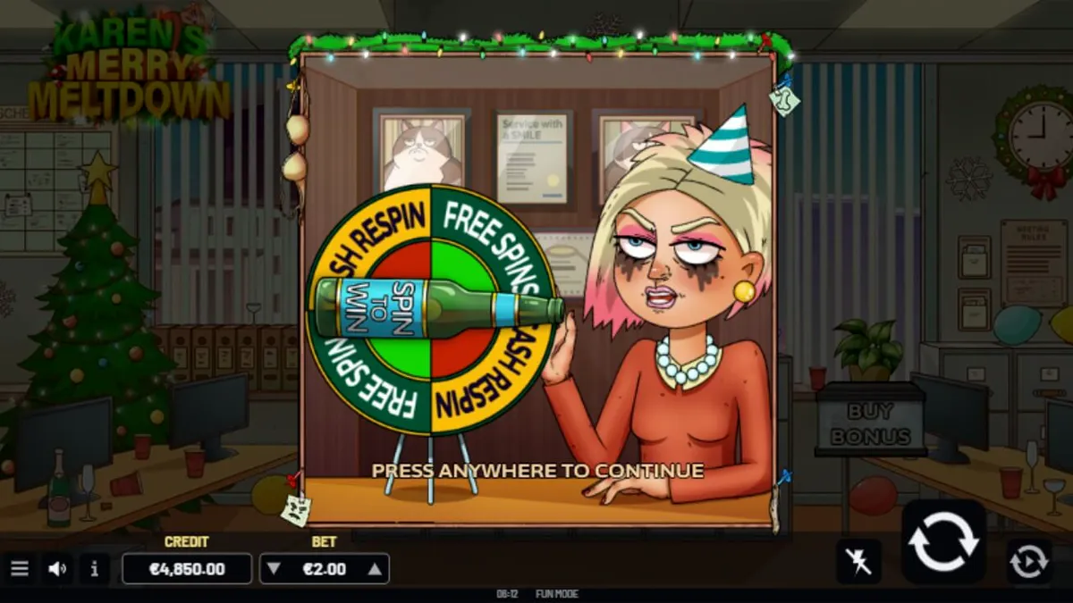 Tampilan visual slot Karen’s Merry Meltdown dengan tema pesta kantor yang kacau